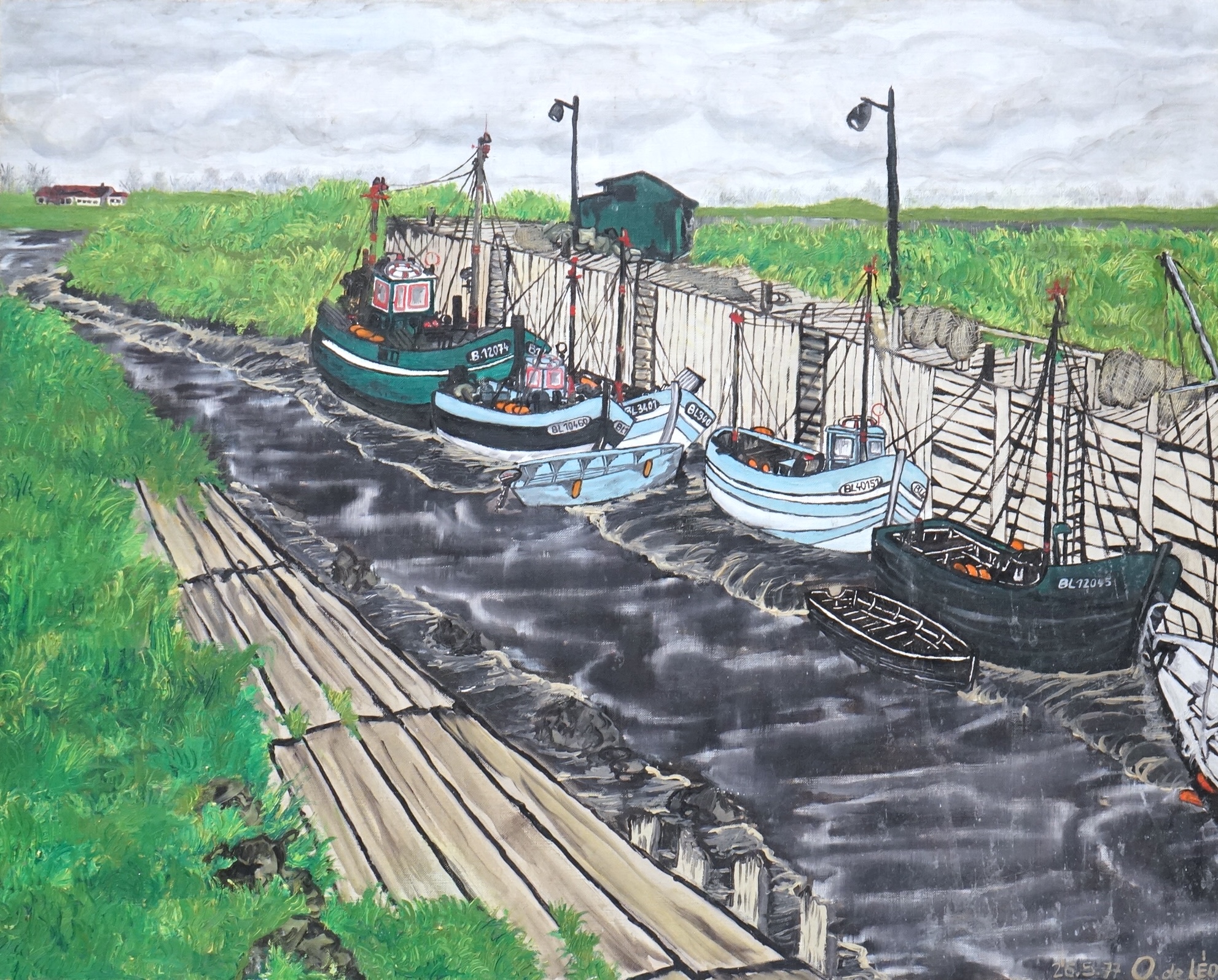 O. de Leon, Contemporary oil on canvas, Moored fishing boats, signed and dated 26.5.77, 65 x 81cm, unframed